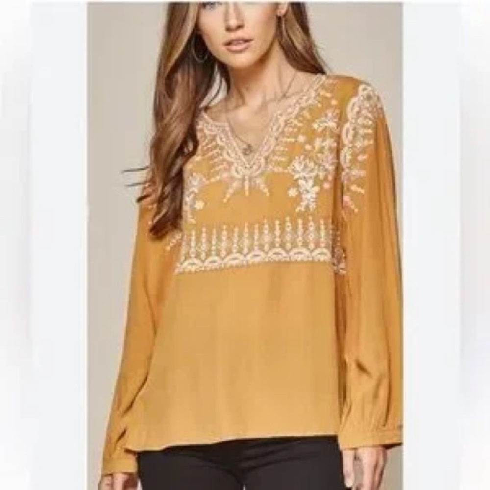 Savanna Jane Boho Peasant Blouse Size M Yellow Embroidered Floral Long Sleeve - Picture 15 of 15